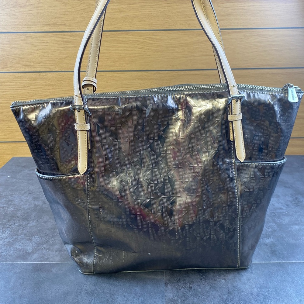 Michael Kors Jey Set Logo Metallic Shiny Silver Tote with Tan Handles
